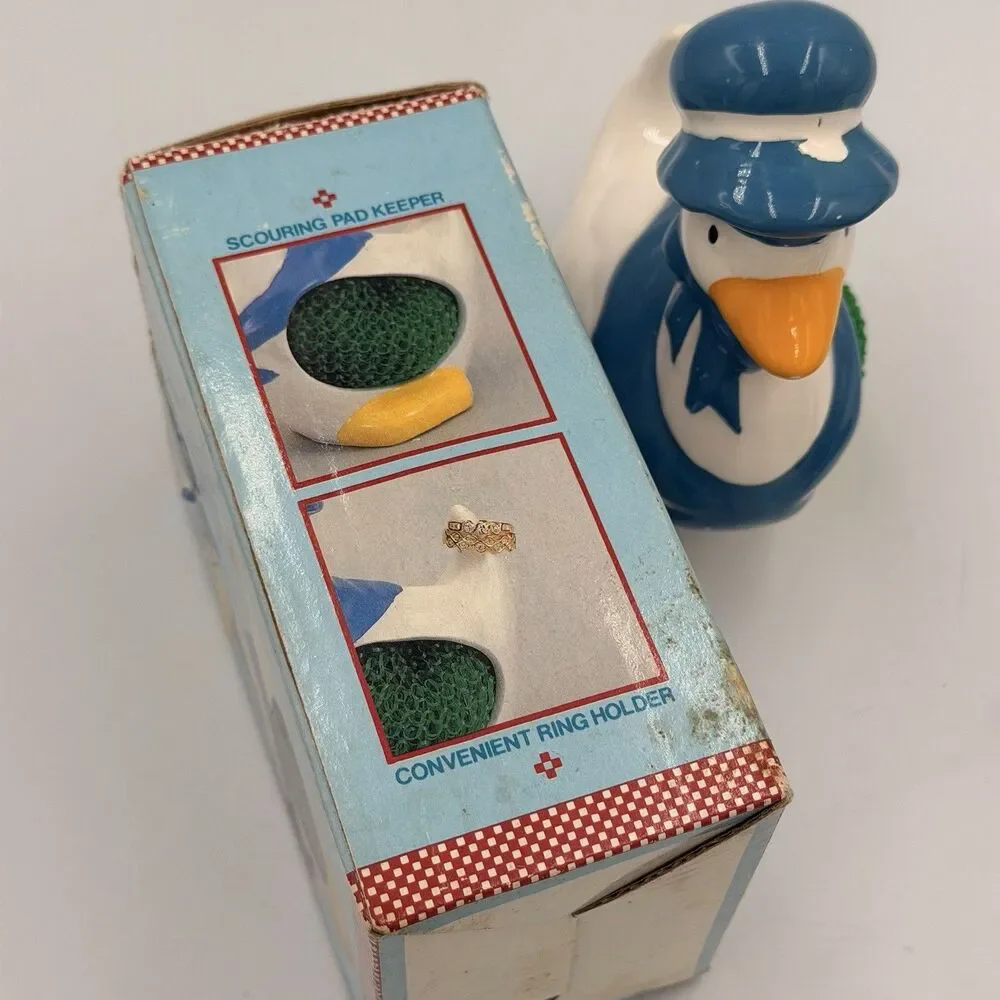 Vintage Country Duck Goose Scouring Pad Sponge Holder Ceramic w/ Box Taiwan